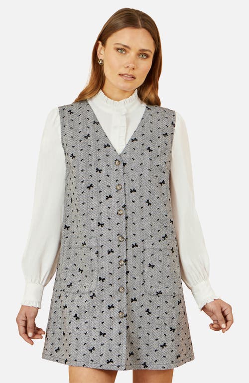 Yumi Bow Print Button Up Pinafore Dress In Gray