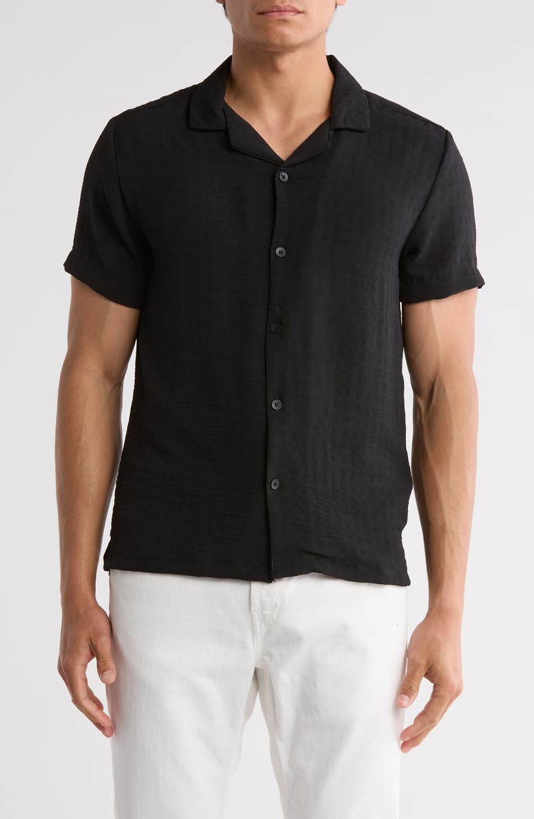 DENIM AND FLOWER Textured Woven Short Sleeve Button-Up Shirt, Main, color, Black