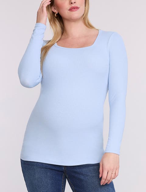 Square Neck Rib Knit Long Sleeve Tee