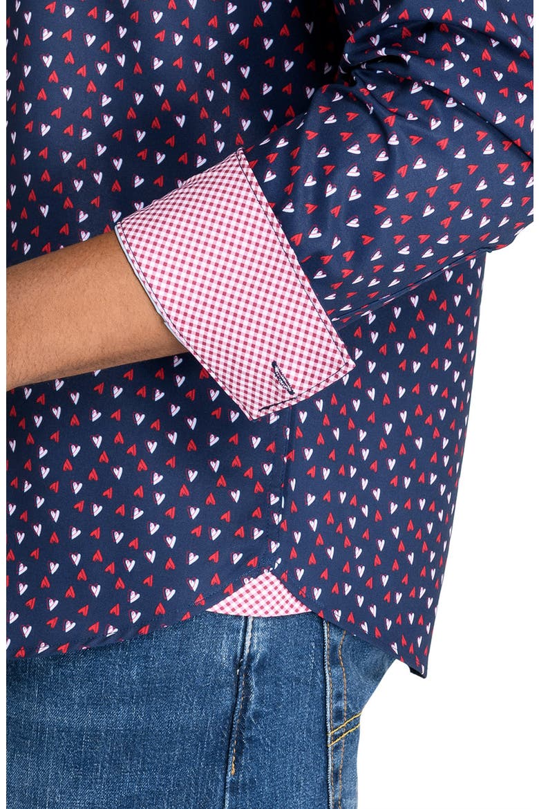 Slim Fit Mini Hearts Recycled 4-Way Stretch Performance Long Sleeve Shirt, Alternate, color, NAVY/RED