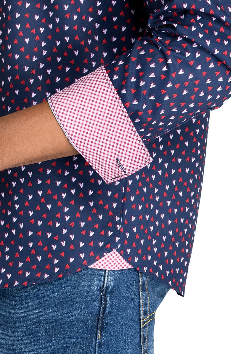 CONSTRUCT Slim Fit Mini Hearts Recycled 4-Way Stretch Performance Long Sleeve Shirt, Alternate, color, Navy/Red