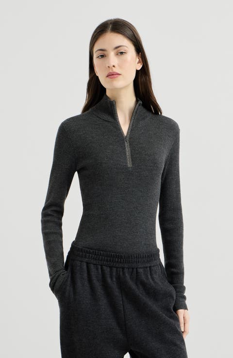 Virgin wool and cashmere lightweight ribbed turtleneck sweater with precious half zip