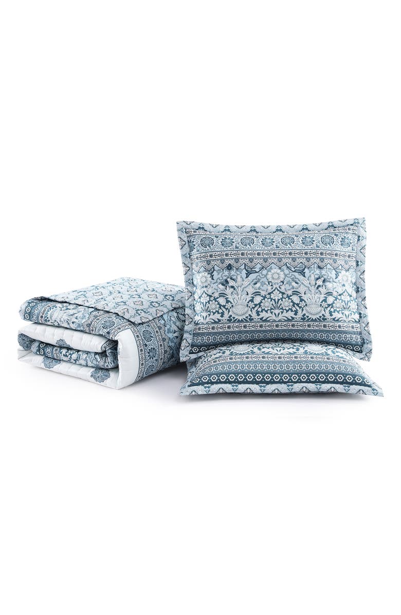 Bebejan Aquamarine Medallion Cotton Reversible Quilted Coverlet Set, Alternate, color, Blue