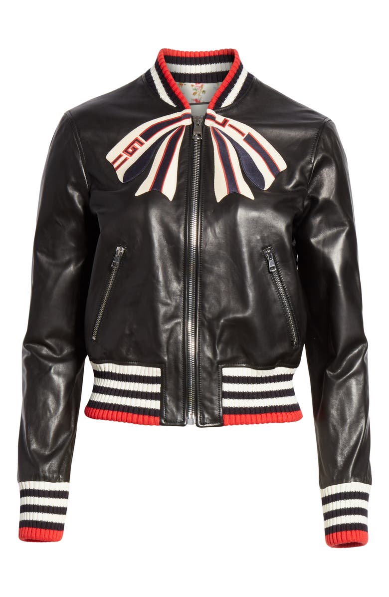 Gucci Trompe l'Oeil Bow Nappa Leather Bomber Jacket, Alternate, color, 