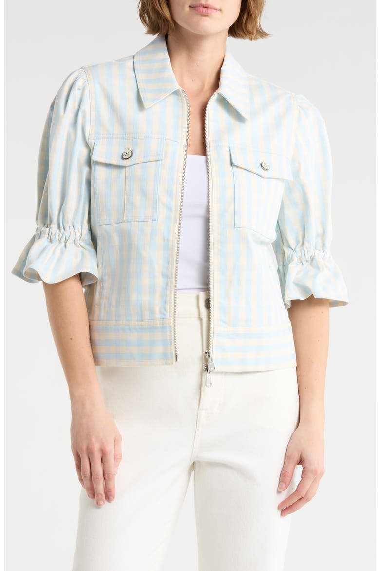 Holly Gingham Denim Jacket, Main, color, MORNING SKY/ LIGHT PLASTER