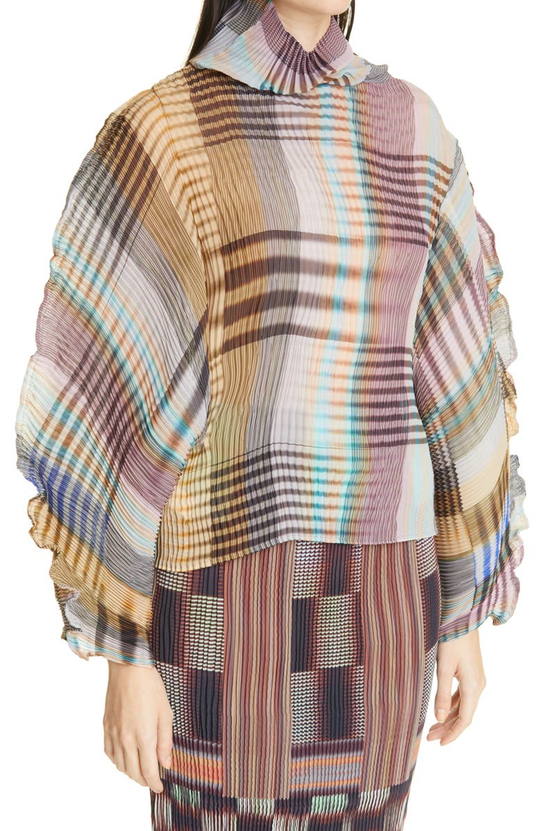 Julia Heuer Morena Check Plissé Pleated Bishop Sleeve Top, Alternate, color,
