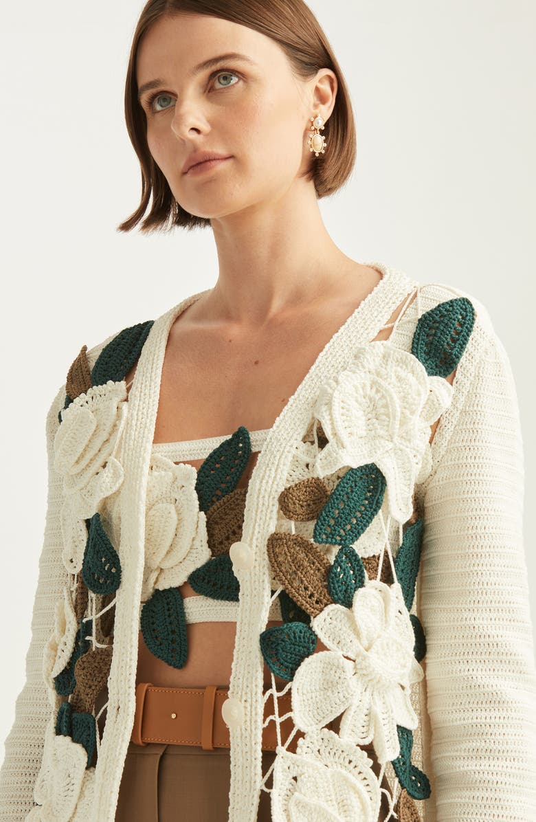 Oscar de la Renta Magnolias Crochet Cotton Cardigan, Alternate, color,
