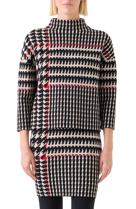 Mixed Houndstooth Check Stretch Virgin Wool Sweater