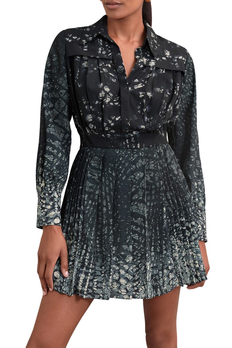Ali Pleated Long Sleeve Mini Shirtdress, Alternate, color, NAVY