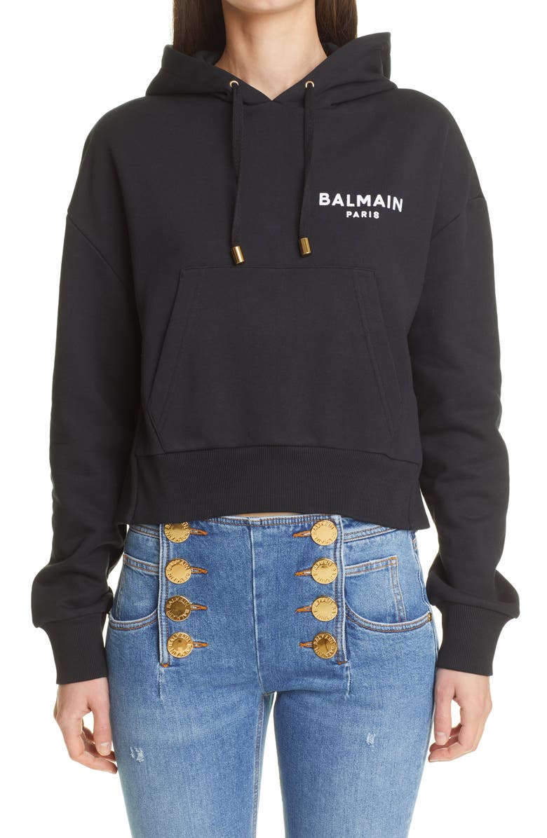 Balmain Flocked Logo Crop Hoodie, Main, color, 