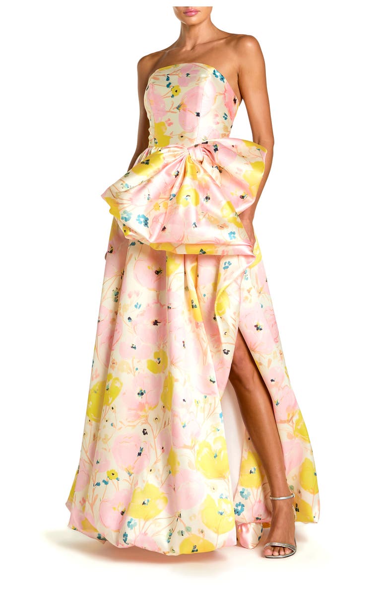 Mac Duggal Mikado Strapless Bubble Hem Ballgown With Bow, Main, color, Pink Multi