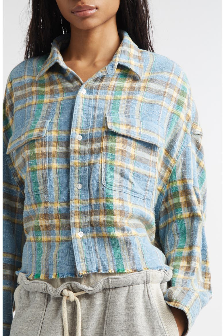 Plaid Fray Hem Crop Button-Up Work Shirt, Alternate, color, LIGHT BLUE PLAID