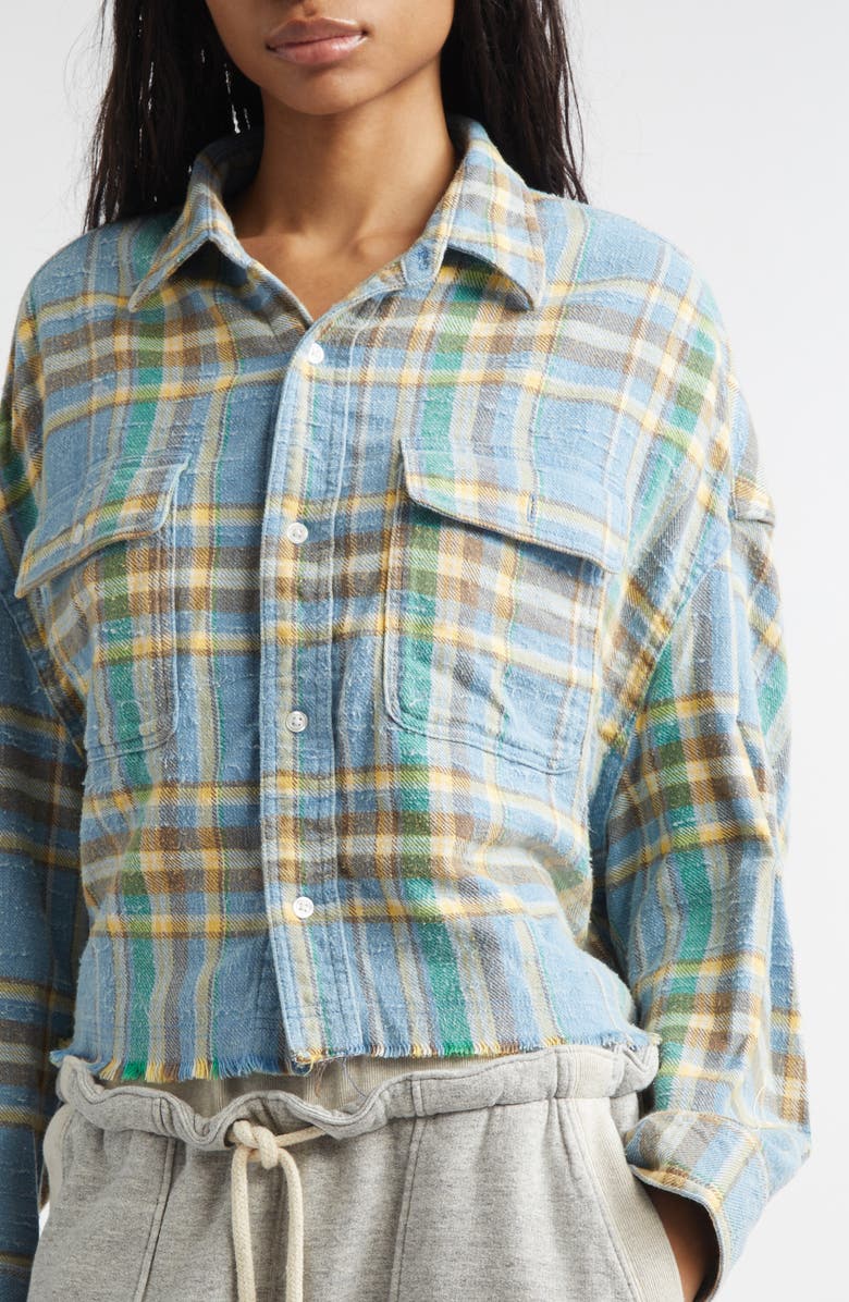 R13 Plaid Fray Hem Crop Button-Up Work Shirt, Alternate, color, Light Blue Plaid