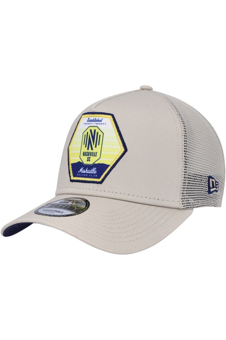 Men's New Era Khaki Nashville SC Established Patch 9FORTY A-Frame Trucker Adjustable Hat, Main, color, Khaki