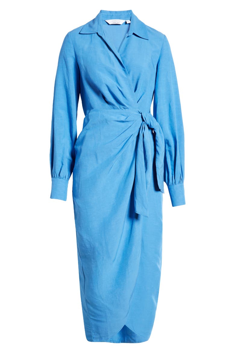 Collared Long Sleeve Wrap Midi Dress, Alternate, color, BLUE