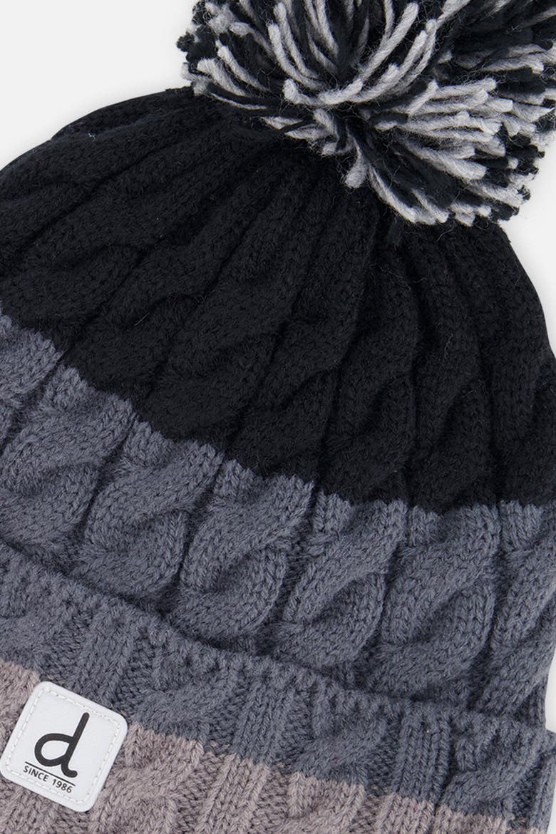 Colorblock Cable-Knit Fleece-Lined Winter Hat with Pompom, Alternate, color, Black and Grey