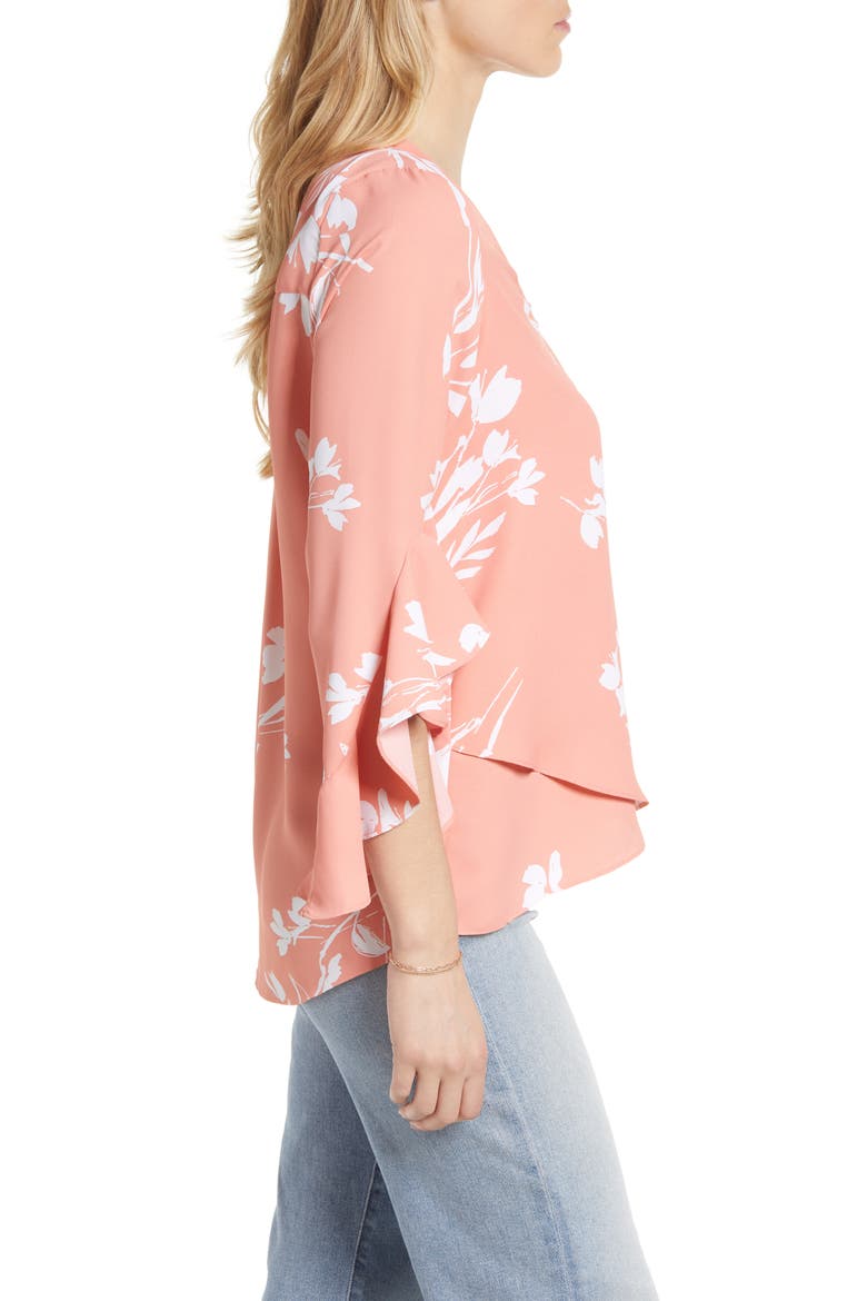 Floral Print Trumpet Sleeve Top, Alternate, color, CORAL