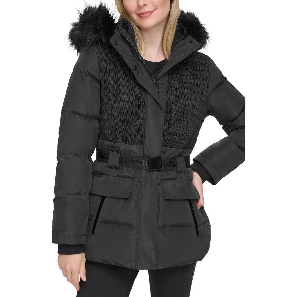 Karl Lagerfeld Smocked Belted Ski Puffer Jacket With Faux Fur Hood In Black