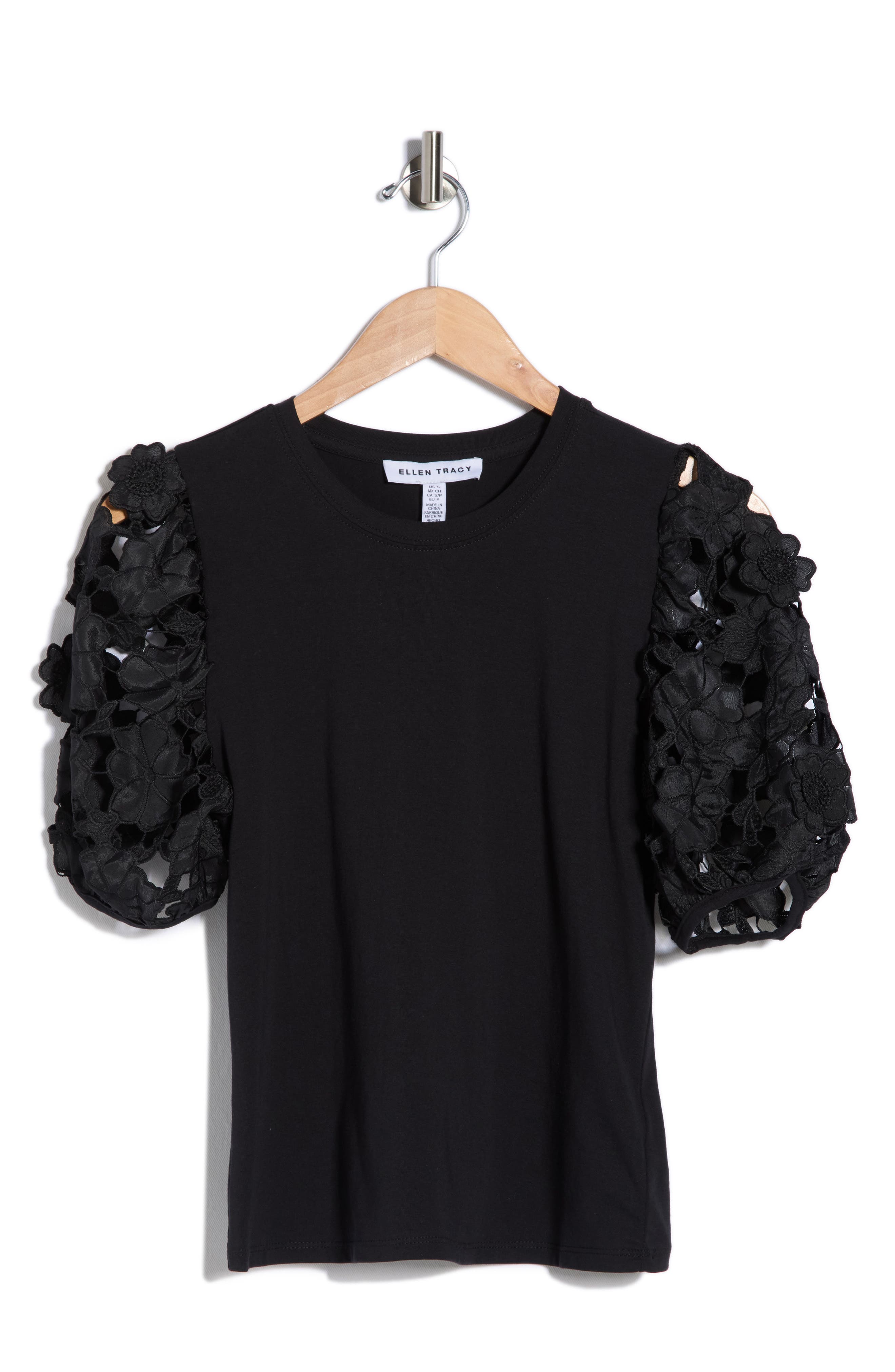 Ellen Tracy Mixed Media 3D Floral Sleeve Top