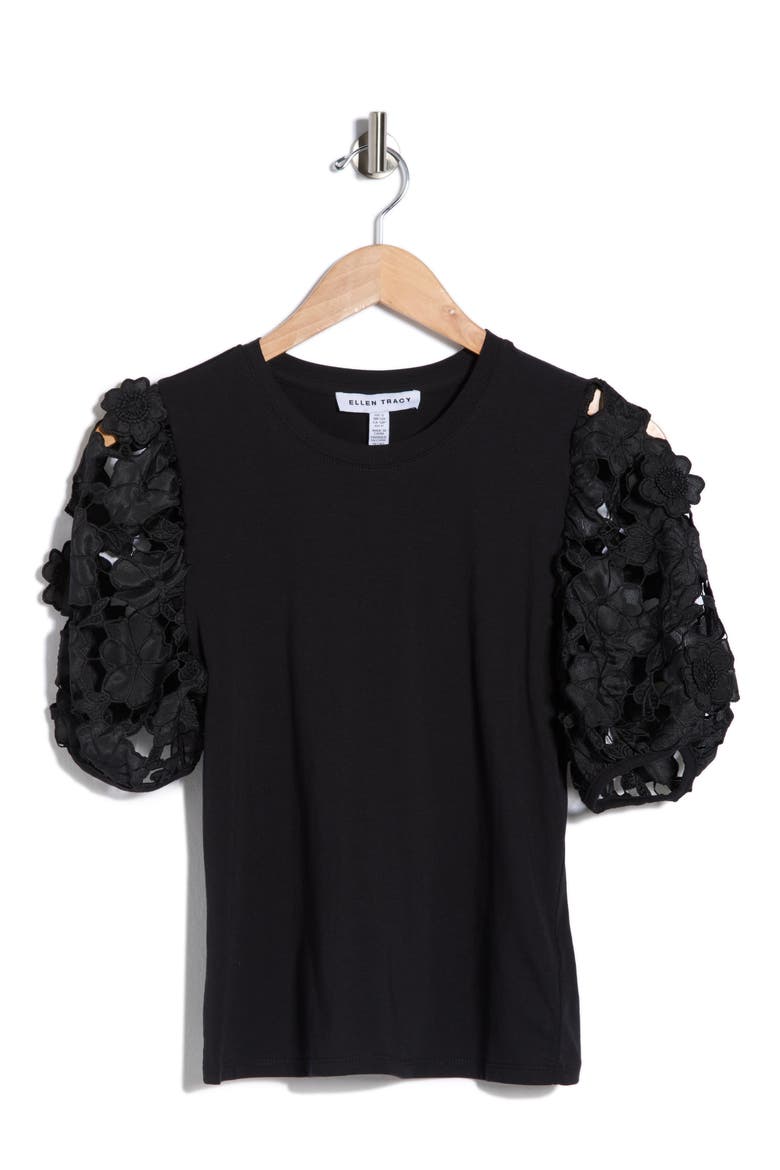 Mixed Media 3D Floral Sleeve Top, Alternate, color, BLACK