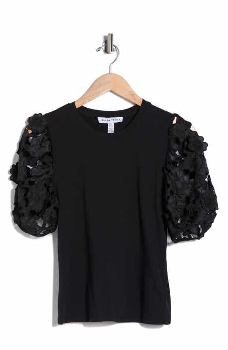 Ellen Tracy Mixed Media 3D Floral Sleeve Top
