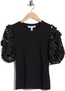 Ellen Tracy Mixed Media 3D Floral Sleeve Top