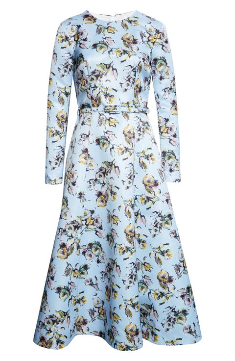 Capucine Floral Long Sleeve Belted Genzianella Sateen Midi Dress