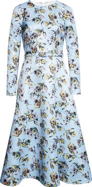 Emilia Wickstead Capucine Floral Long Sleeve Belted Genzianella Sateen Midi Dress
