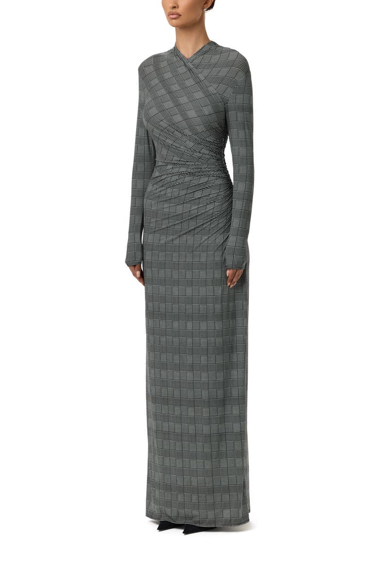 Houndstooth Overlap Neck Long Sleeve Maxi Dress, Alternate, color, HOUNDSTOOTH PLAID