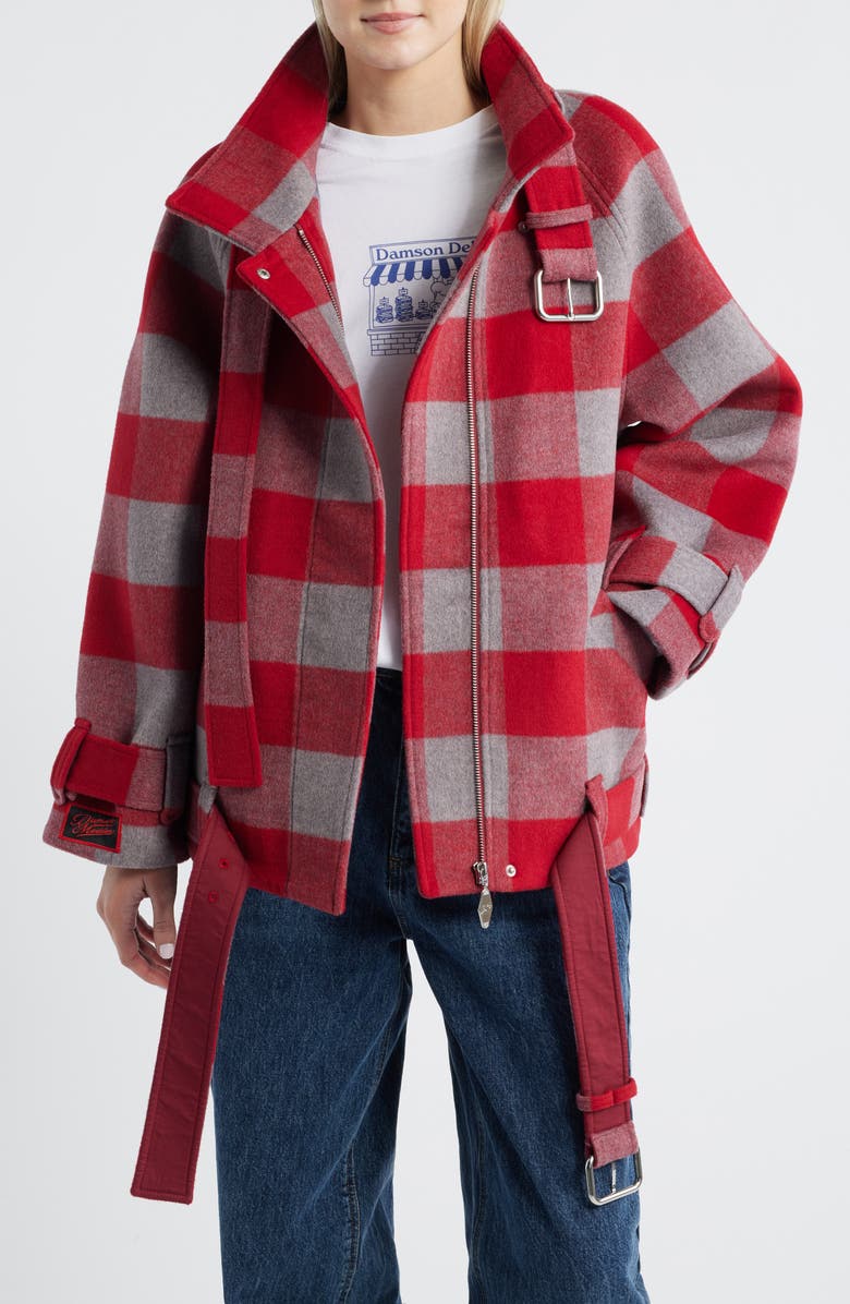 Damson Madder Polly Water Resistant Buffalo Check Wool Blend Jacket, Main, color, Red
