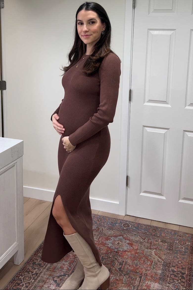 Ribbed Knit Long Sleeve Side Slit Maxi Dress, Alternate, color, Mocha