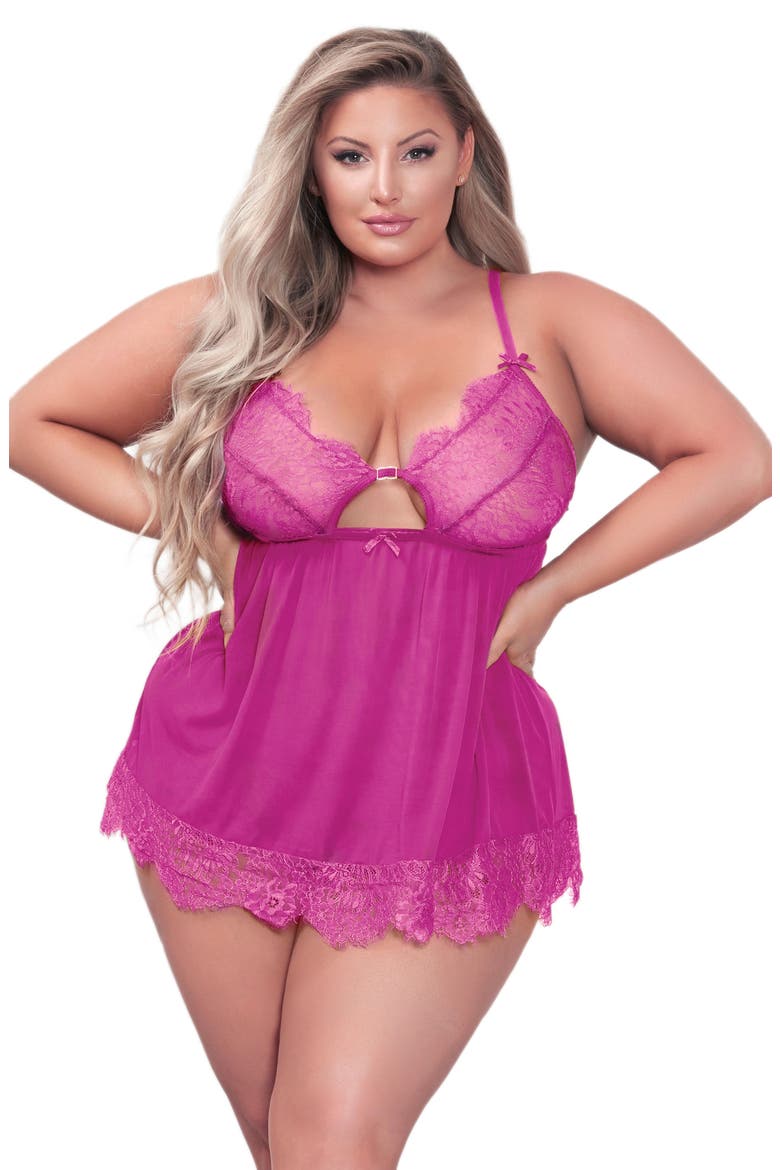 Lace Trim Mesh Babydoll & Panties Set, Alternate, color, FUCHSIA