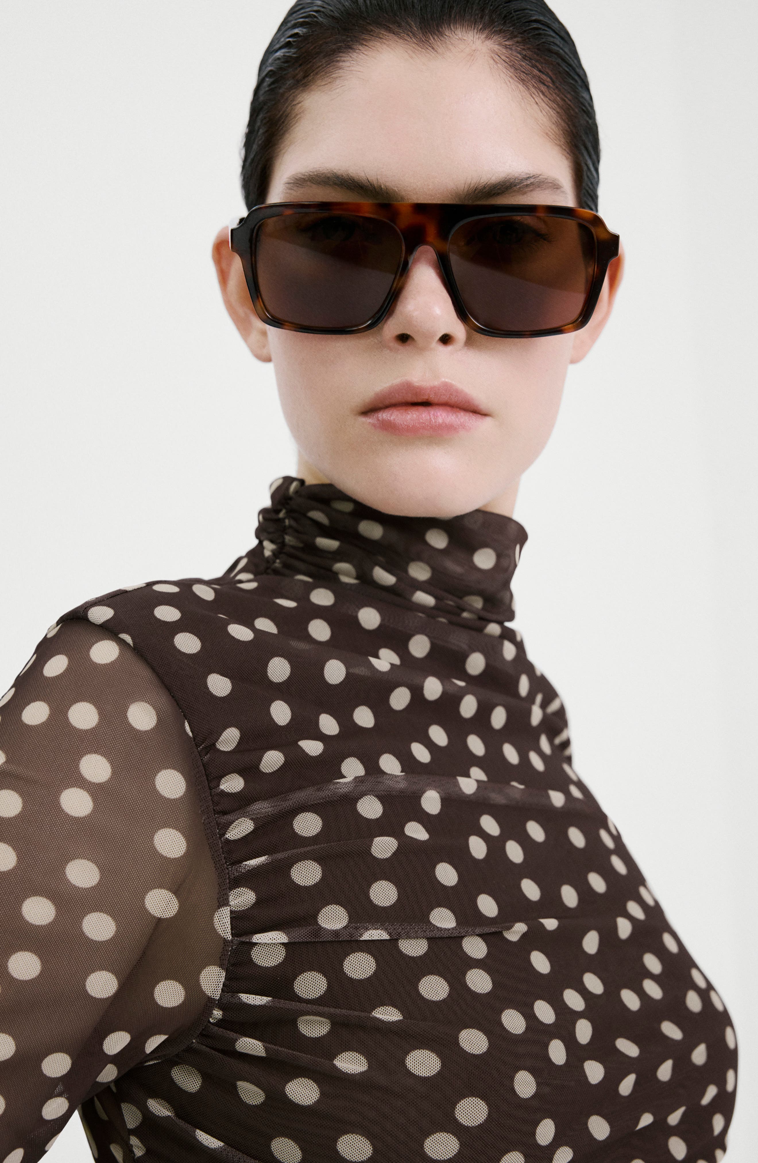 Polka Dot Ruched Turtleneck Mesh Top - image 2