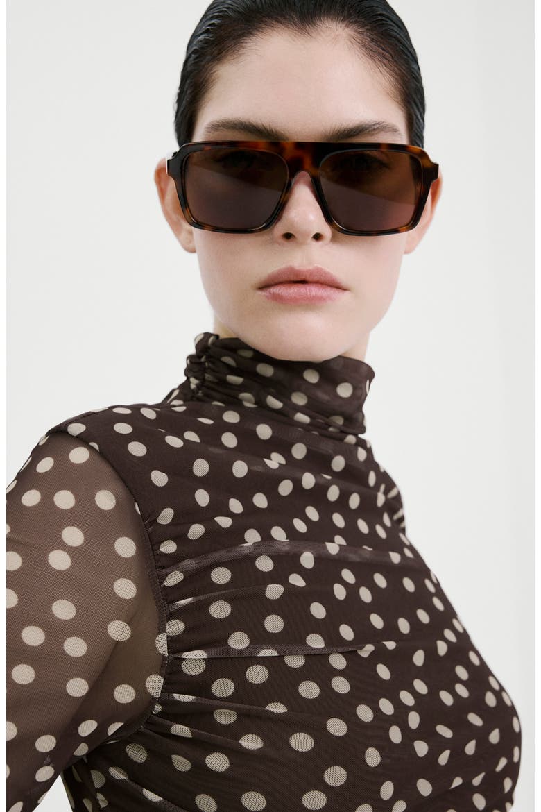 Polka Dot Ruched Turtleneck Mesh Top, Alternate, color, BROWN