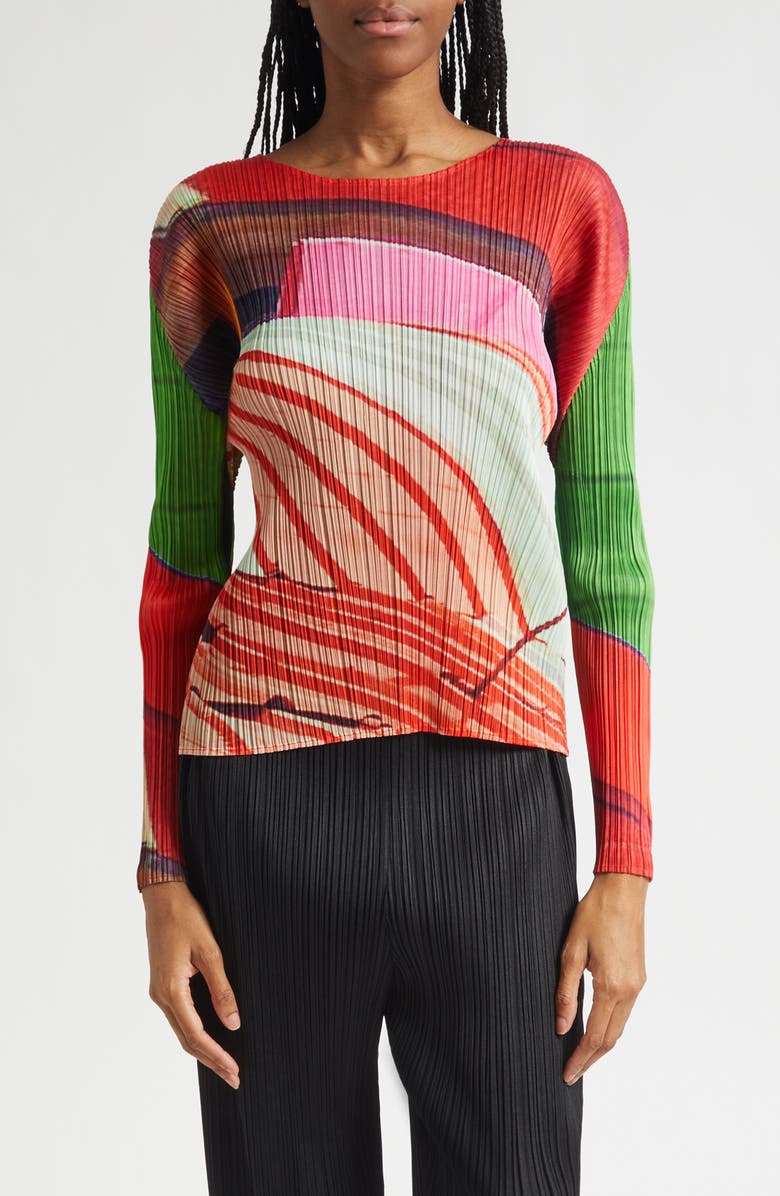 Pleats Please Issey Miyake City Collage Pleated Top, Main, color, Red X Green