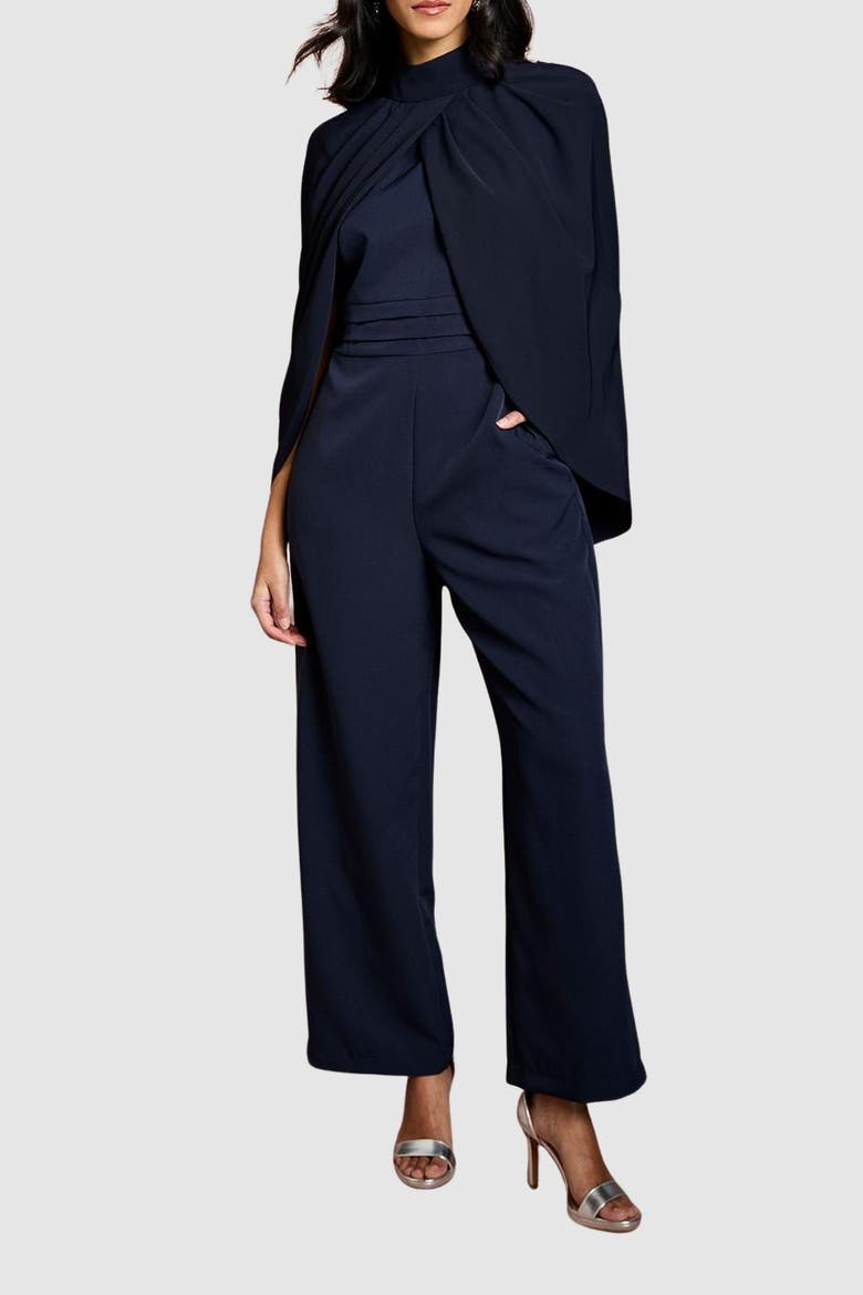 Petite High Neck Cape Wide Leg Jumpsuit, Alternate, color, Navy