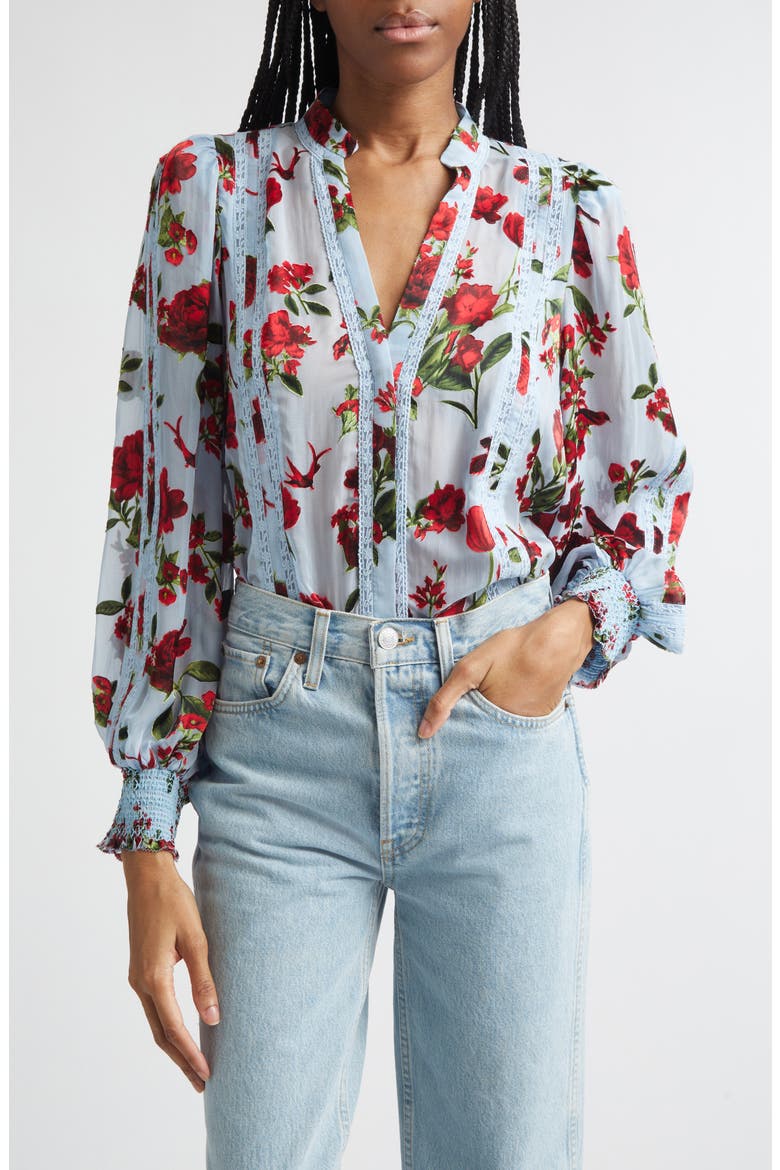Arlette Floral Print Lace Trim Top, Main, color, AMERICAN BEAUTY CAROLINA BLUE