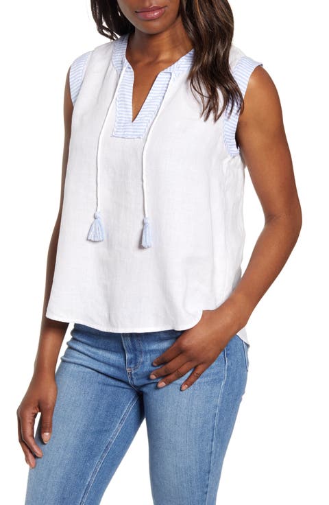 Tassel Tie Sleeveless Linen Blouse