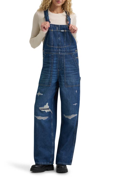 Distressed Relaxed Denim Overalls