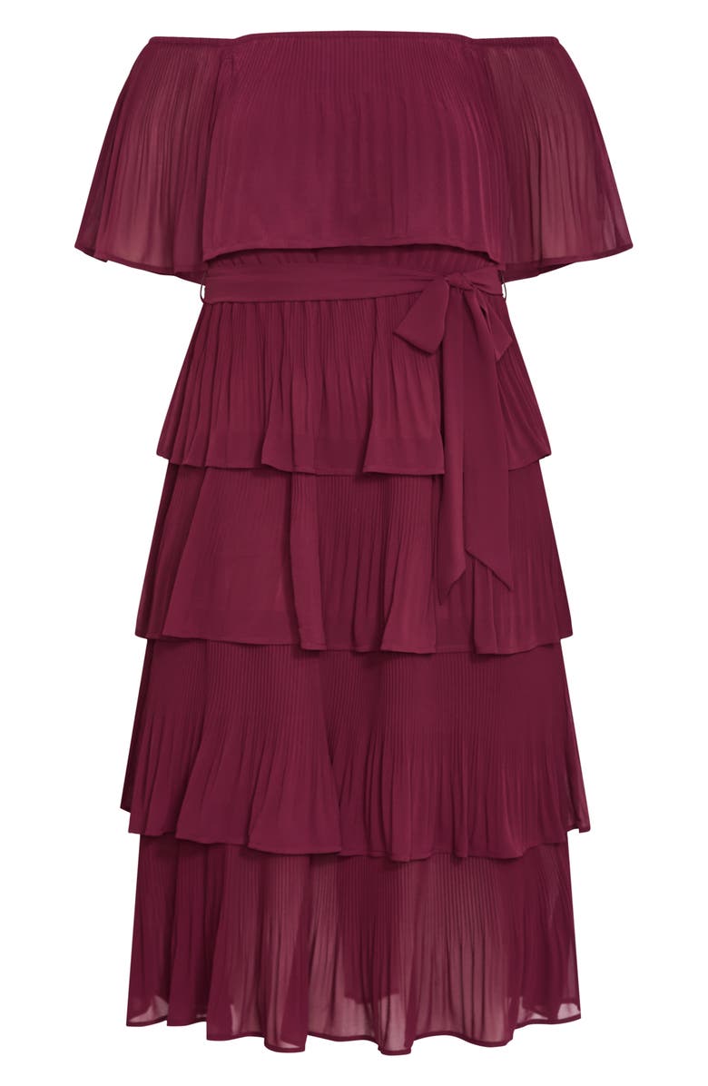City Chic Night Garden Tiered Release Pleat Off the Shoulder Maxi Dress, Alternate, color, Red Burgundy