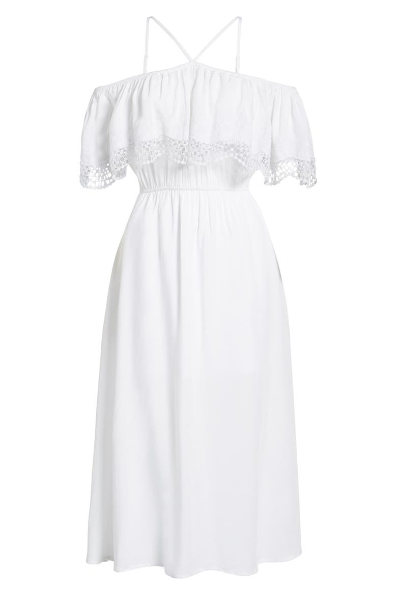 Lace Trim Cold Shoulder Dress, Alternate, color, WHITE