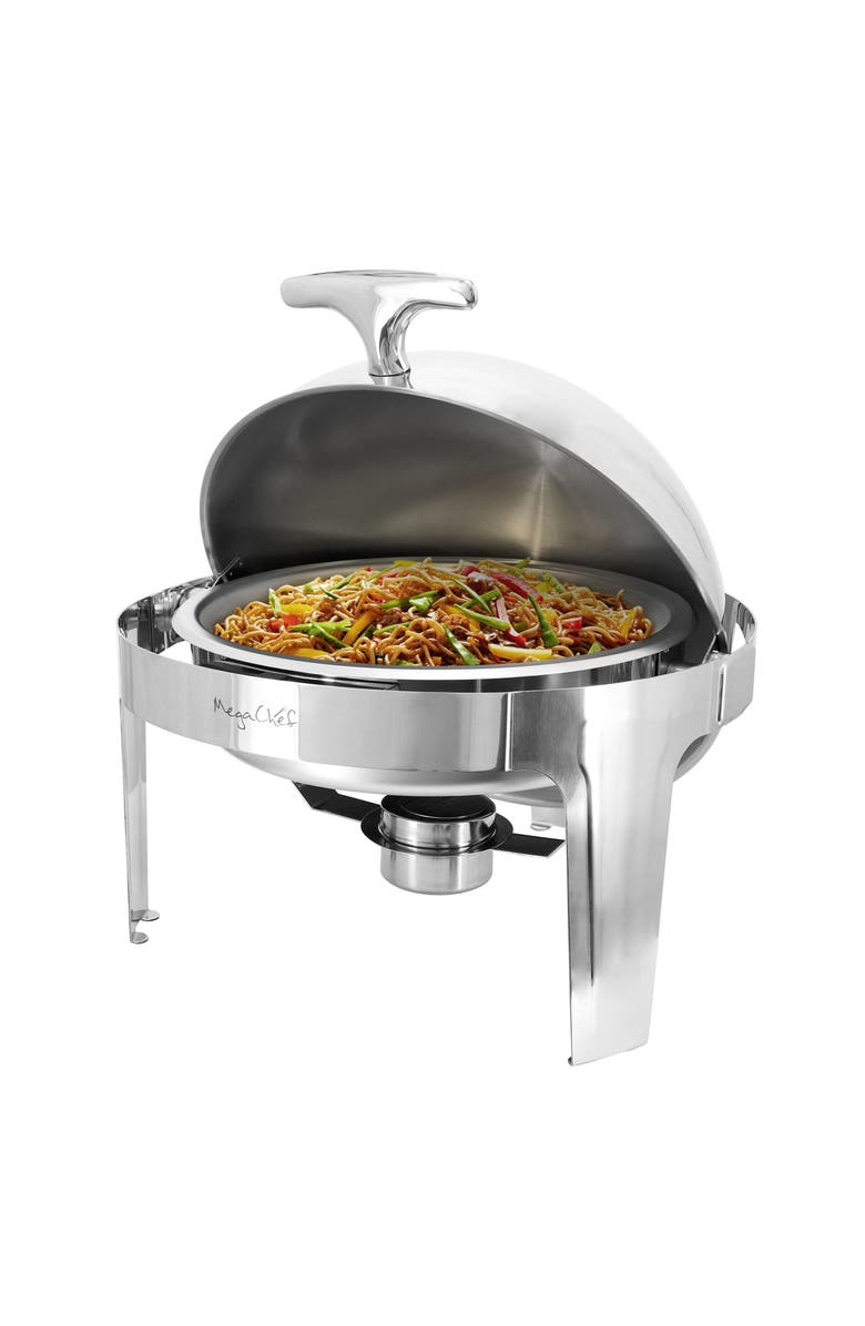Megachef 6.3 Quart Round Stainless Steel Dome Roll Top Professional Chafing Dish/Food Warmer/Buffet Server Serving Dish, Main, color, Silver