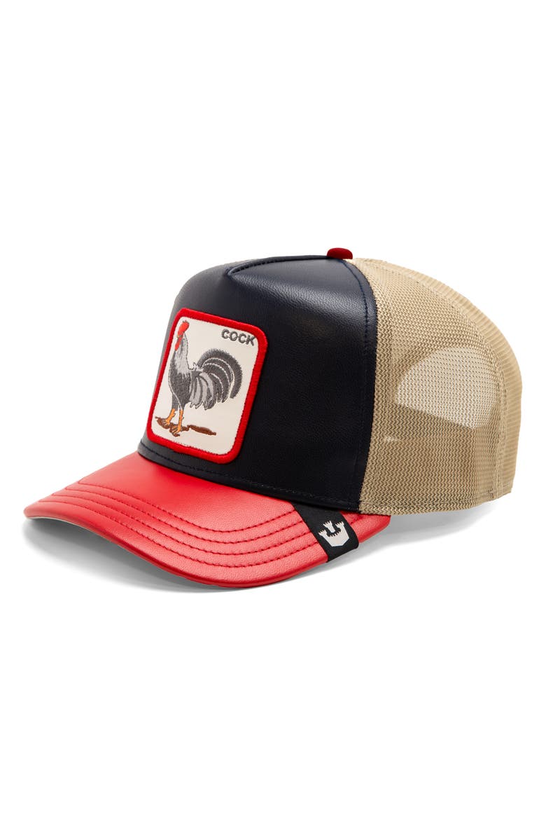 Goorin Bros. Cock Patch Leather & Mesh Snapback Trucker Hat, Alternate, color,