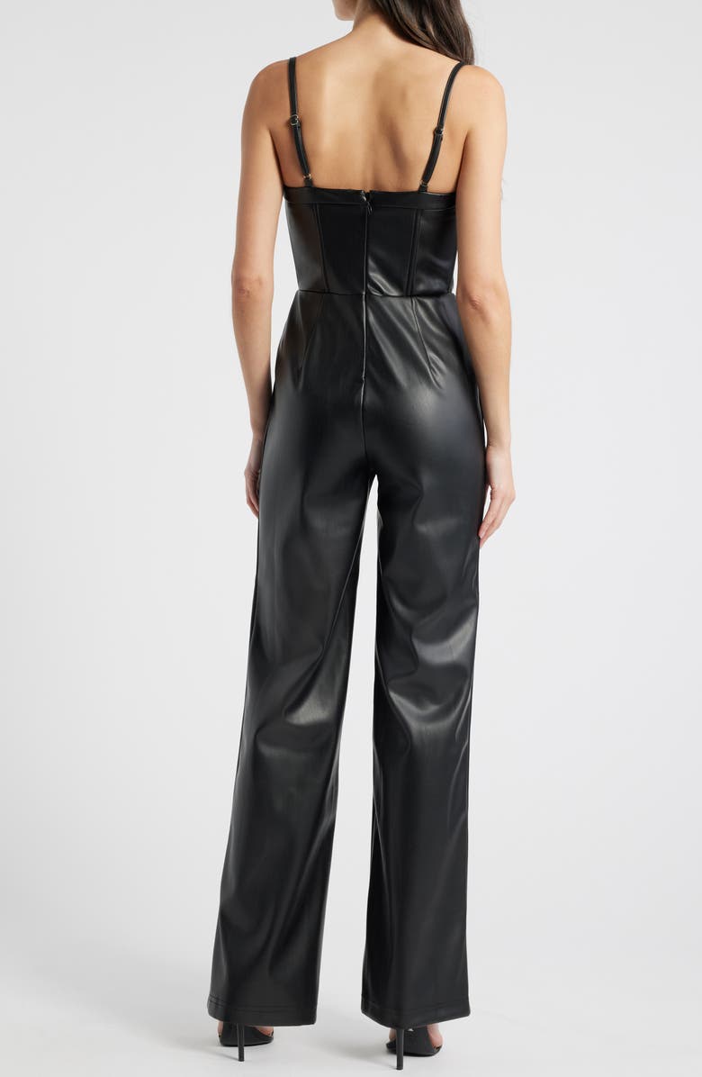 bebe Sleeveless Faux Leather Jumpsuit, Alternate, color, Black