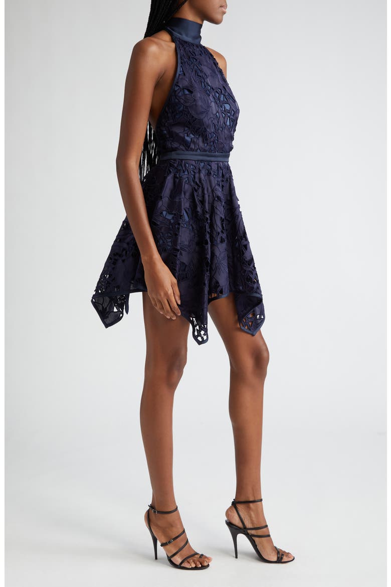 Leyla Floral Cutout Halter Minidress, Alternate, color, NAVY SATEEN FLORAL CUTOUT