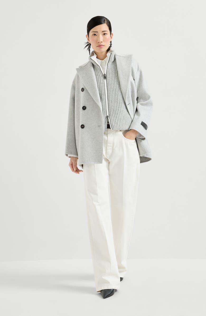 Brunello Cucinelli Cashmere double beaver cloth pea coat, Alternate, color, Light Grey