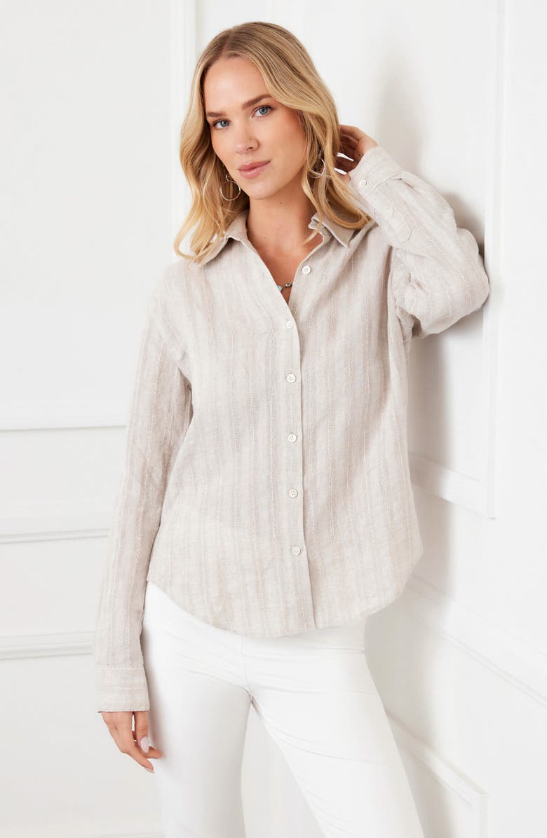 Karen Kane Stripe Linen Button-Up Shirt, Alternate, color, Oatmeal