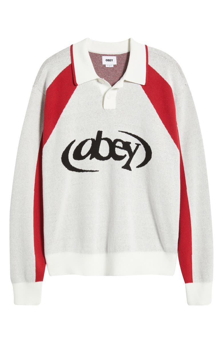 Obey Soccer Long Sleeve Cotton Polo Sweater, Alternate, color, White Multi