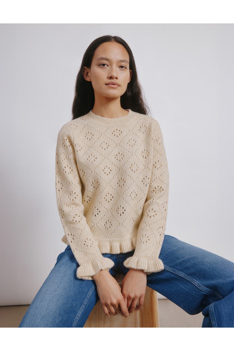 Pointelle Ruffle Sweater, Alternate, color, Cream