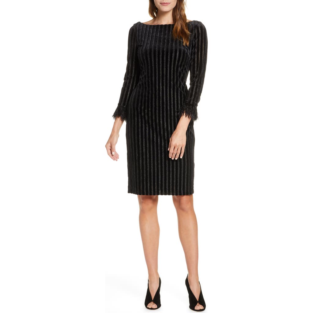 Mark + James by Badgley Mischka Metallic Stripe Feather Cuff Sheath Dress in Black